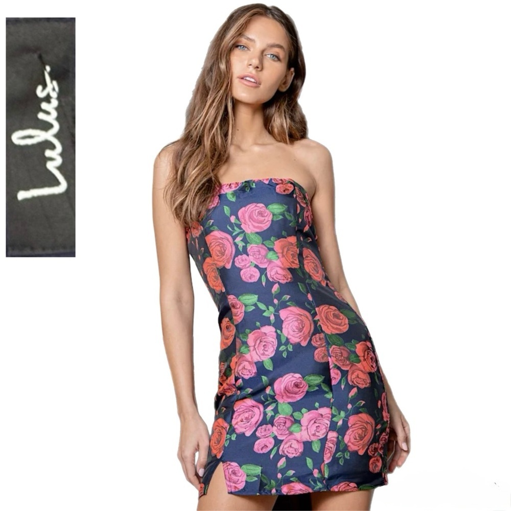 ❤️ Lulus Bloom to Perfection Navy Blue Floral Jacquard Mini Dress Sz Small